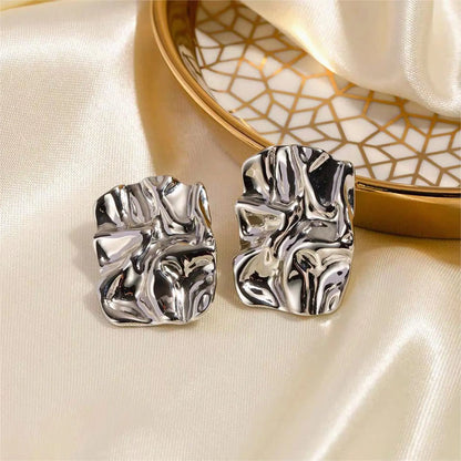 Elegant Pleated Texture Metal Earrings - Minimalist Stainless Steel Studs