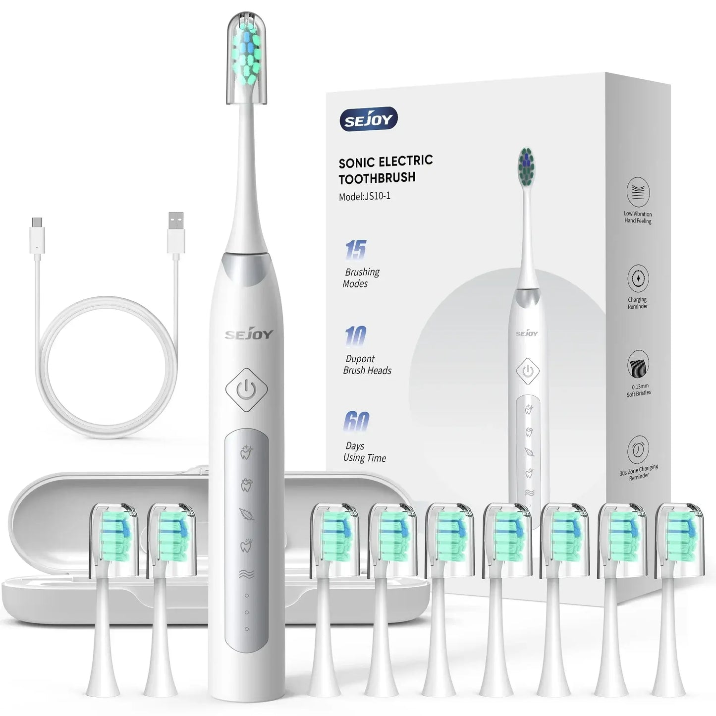 SEJOY Oral Cleaning Personal Sonic Electric Toothbrush Care Appliances IPX7 5 Modes Smart Rechargeable Toothbrush WHITE