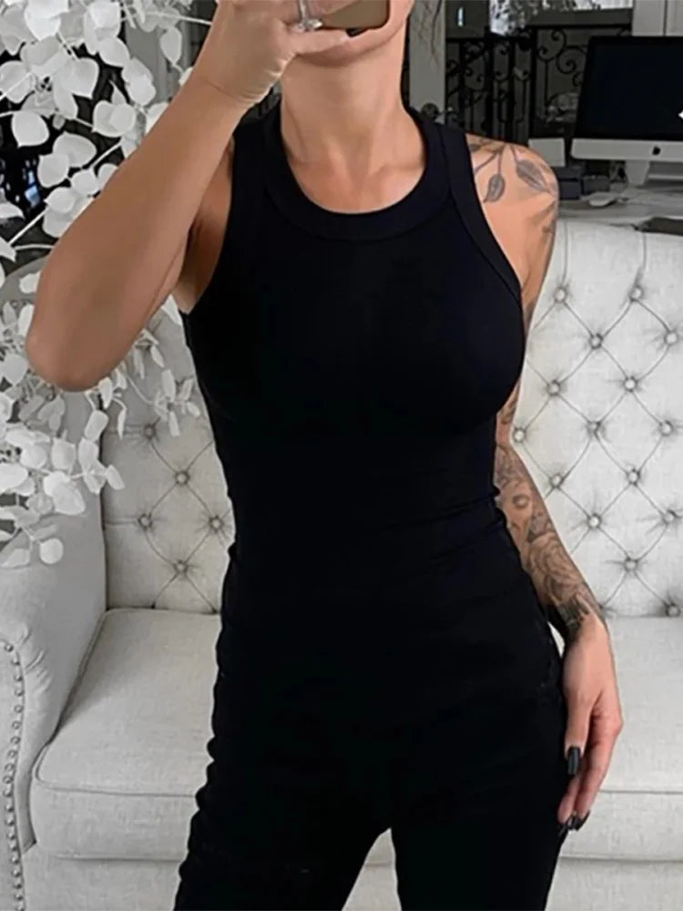 DozwCN Women Solid Round Neck Ribbed Tank Top Camisole Women Summer Basic Elastic Tank Top O Neck Solid Tank Top