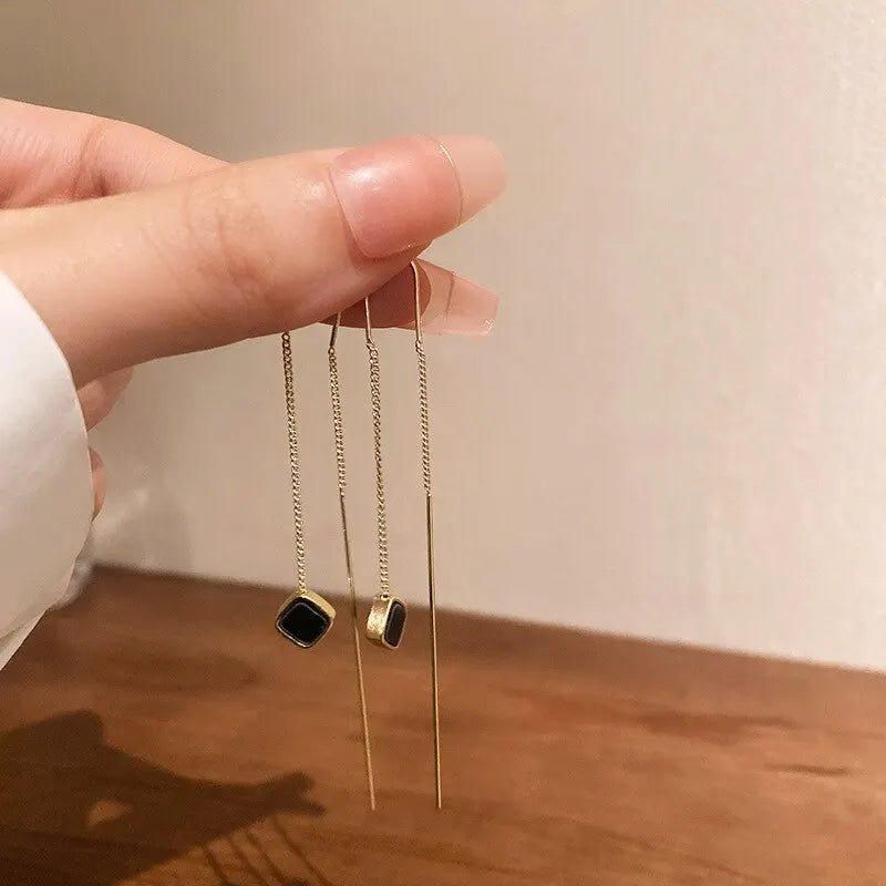 Stylish Gold Geometric Square Drop Earrings Long Tassel Dangle for Women