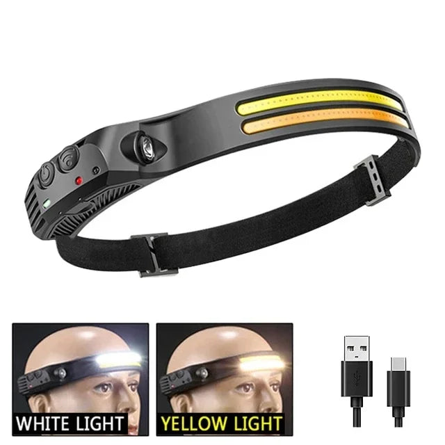 LED COB Induction Headlamp USB Rechargeable Waterproof 5 Modes White-Yellow