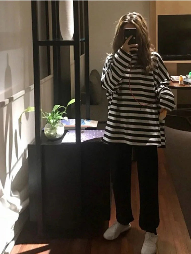 Harajuku Striped Long Sleeve O Neck Top For Women Ulzzang