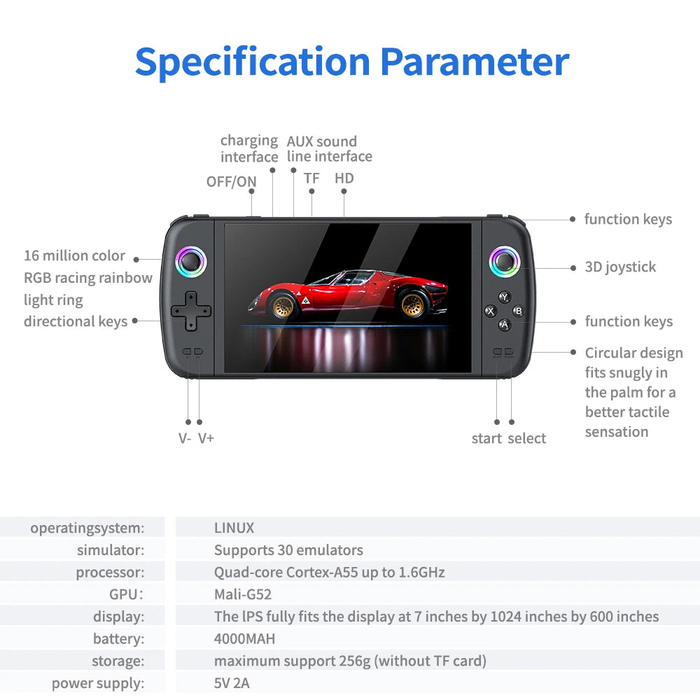 7 Inch Big Screen M27 Portable Retro Handheld Game Console 1024x600 Display Linux EmuElec Support Mini HDMI Over 20000 Games 3000mAh Battery Expandable To 256GB