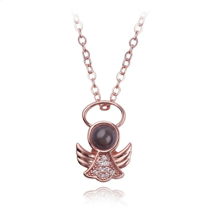 Angel Necklace with 100 Language I Love You Projection Pendant Romantic Gift for Girlfriend Mom 2024 Rose Golden 45cm