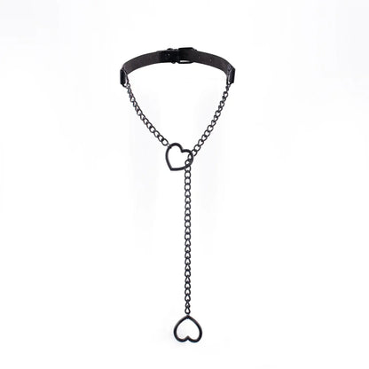 Heart Slip Chain Y Necklace Black Leather Choker for Women black color