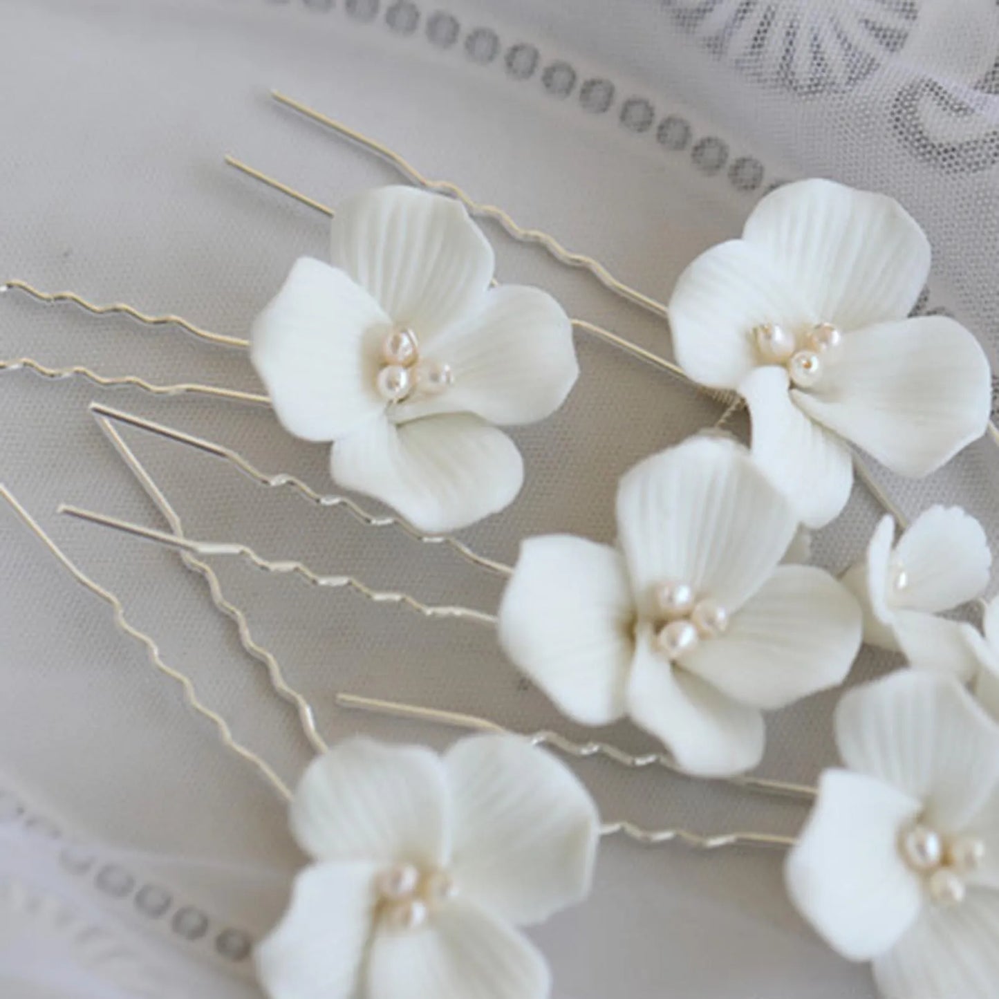 White Floral Ceramic Hairpins for Elegant Bridal Hairstyles