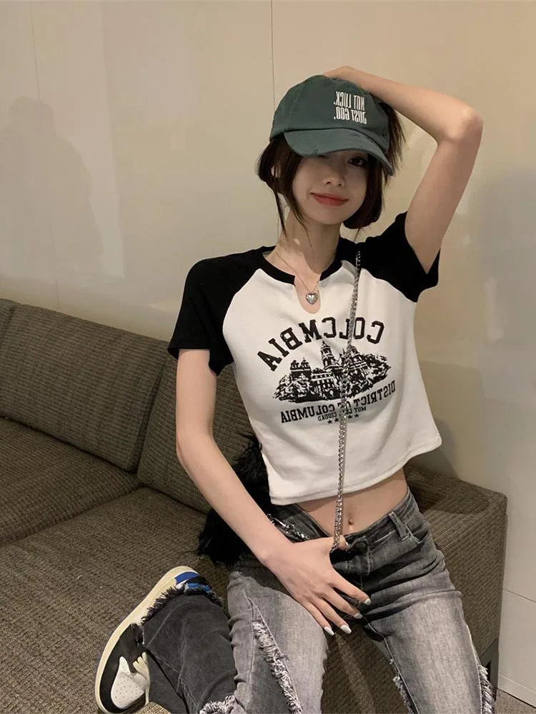Dozw Vintage Printed Crop Top Women Y2K Aesthetic Tee