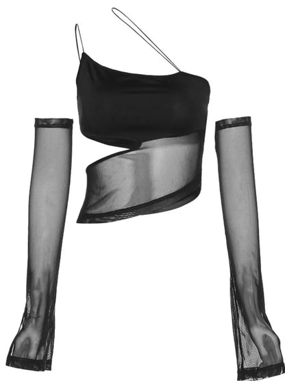 Asymmetrical Mesh Crop Top With Sleeves Fairy Grunge