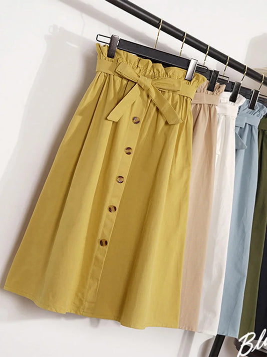 Summer Autumn Midi Pleated High Waist Button Skirt Women