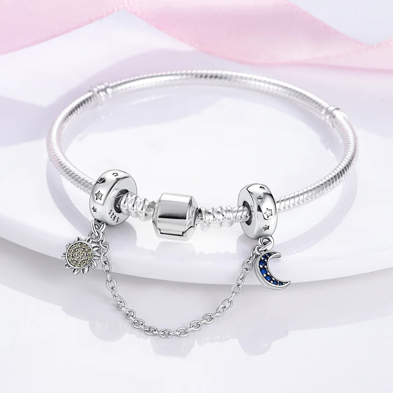 Silver Star Moon Heart Charm Bracelet with CZ Beads and Angel Wing Pendant for Women