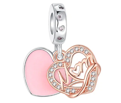 Sterling Silver Pink Blossom Dangle Charm with Butterfly Heart Flower Rose and Bird Bead for DIY Necklace and Bracelet Jewelry