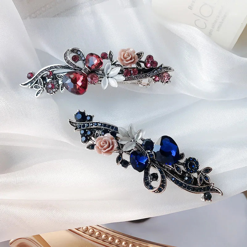 Elegant Red Crystal Flower Bow Hairpin With Vintage Blue Rhinestones
