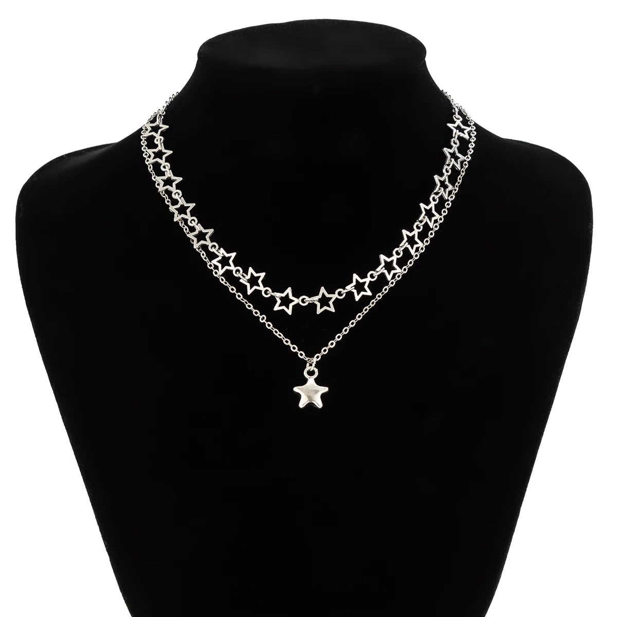Stylish Punk Hollow Star Pendant Necklace Set for Women - Silver Metal Link Chain Choker by IngeSight.Z