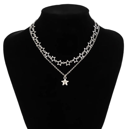 Stylish Punk Hollow Star Pendant Necklace Set for Women - Silver Metal Link Chain Choker by IngeSight.Z