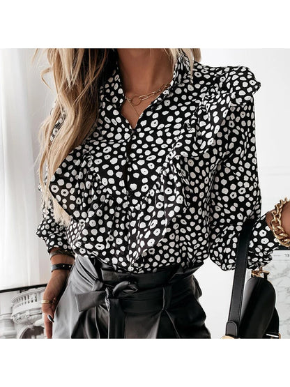 Leopard Print Ruffle Blouse Long Sleeve V Neck Office Top