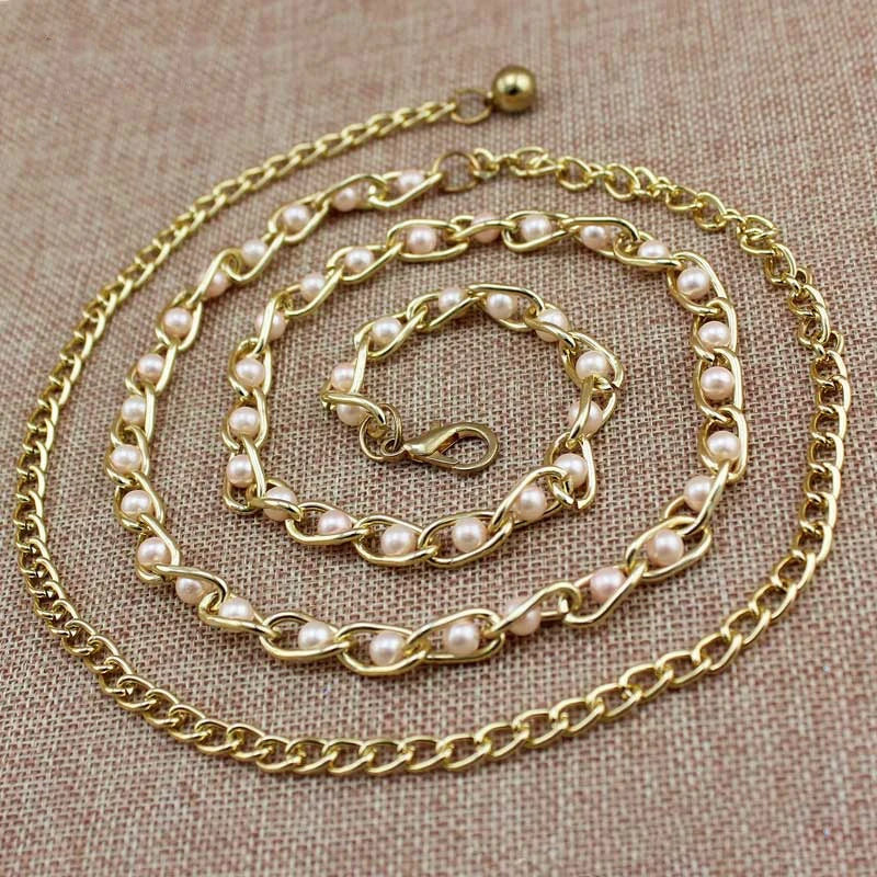 Women Pearl Thin Metal Waist Chain Belt Versatile Fashion