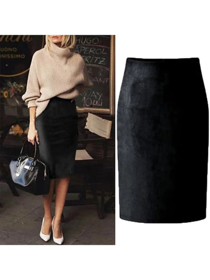Multicolor Suede Midi Pencil Skirt Women High Waist Bodycon
