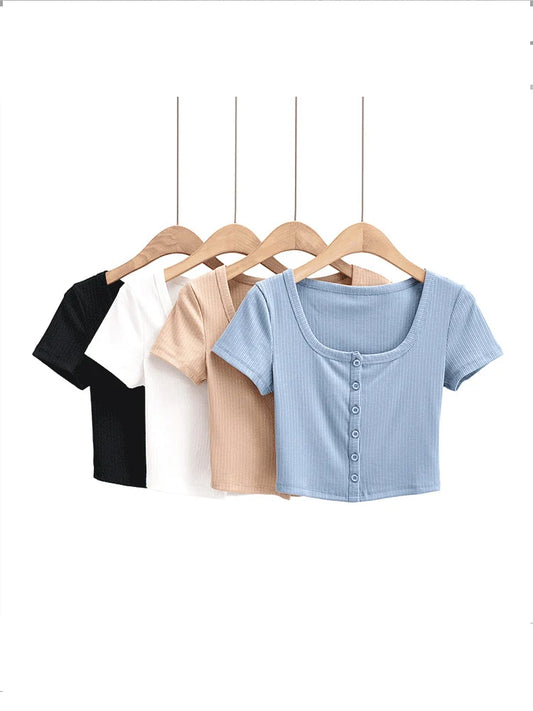 Women Ribbed Button Through Short Sleeve Slim Jersey Top