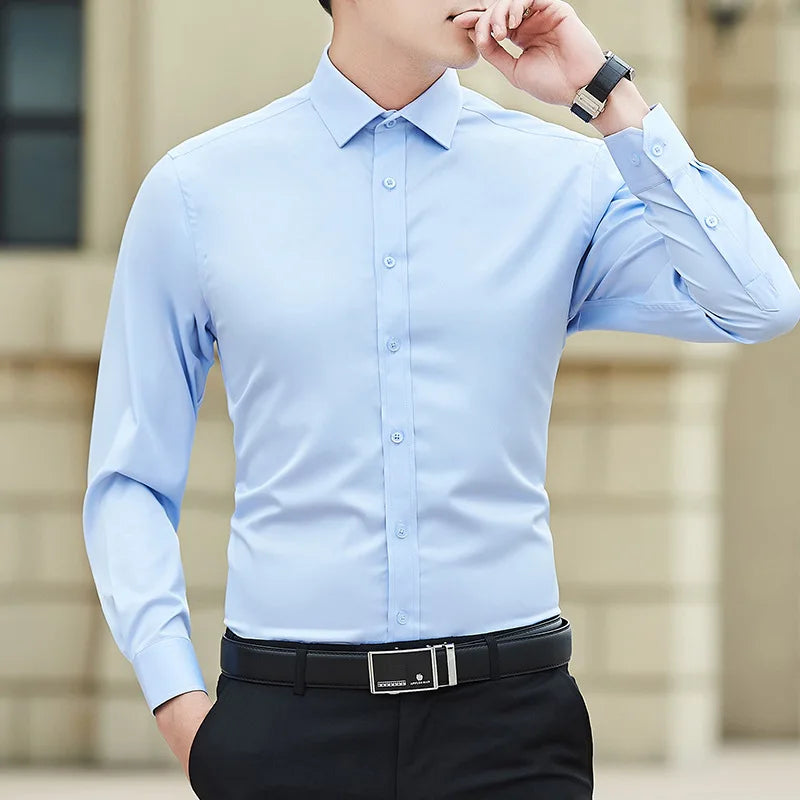 New Plus Size Men Solid Color Business Shirt Slim White Long Sleeve light blue