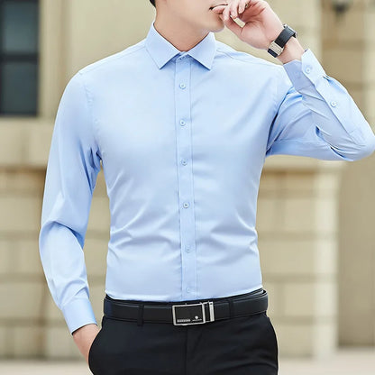 New Plus Size Men Solid Color Business Shirt Slim White Long Sleeve light blue