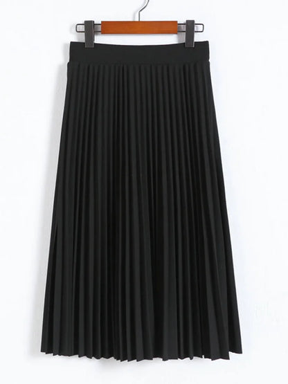 High Waist Pleated Skirt For Women Solid Color Elastic