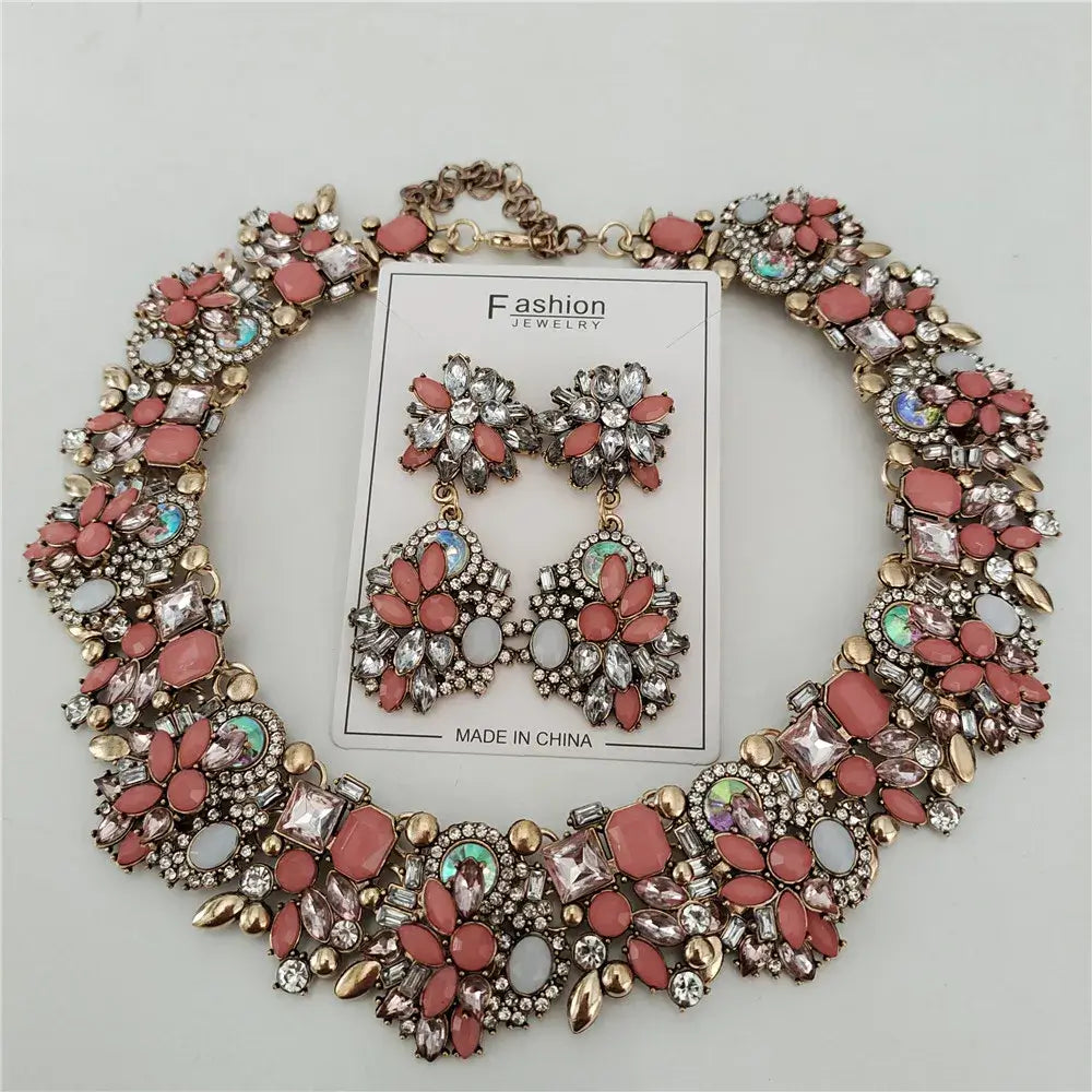 Indian Ethnic Crystal Rhinestone Necklace Earrings Set for Bridal 2024 Jelly Pink Sets