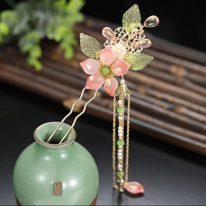 Elegant Gold Red Floral Pearl Long Tassel Hairpins Bridal Chinese Wedding Headpiece