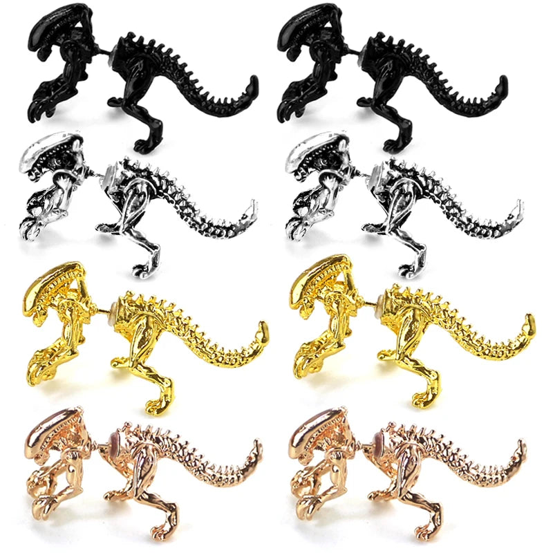 Alien Dinosaur 3D Black Stud Earrings for Women Unique Animal Jewelry Gifts