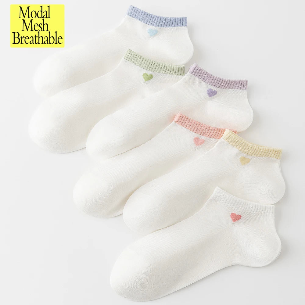 6 Pairs Womens White Heart Modal Ankle Socks Breathable