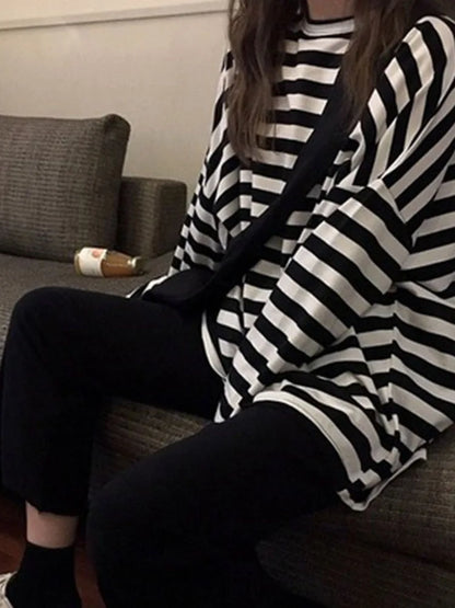 Harajuku Striped Long Sleeve O Neck Top For Women Ulzzang