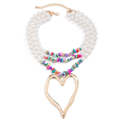 Elegant Gothic Love Heart Pendant Choker Necklace for Women with Multilayer Imitation Pearl Chain