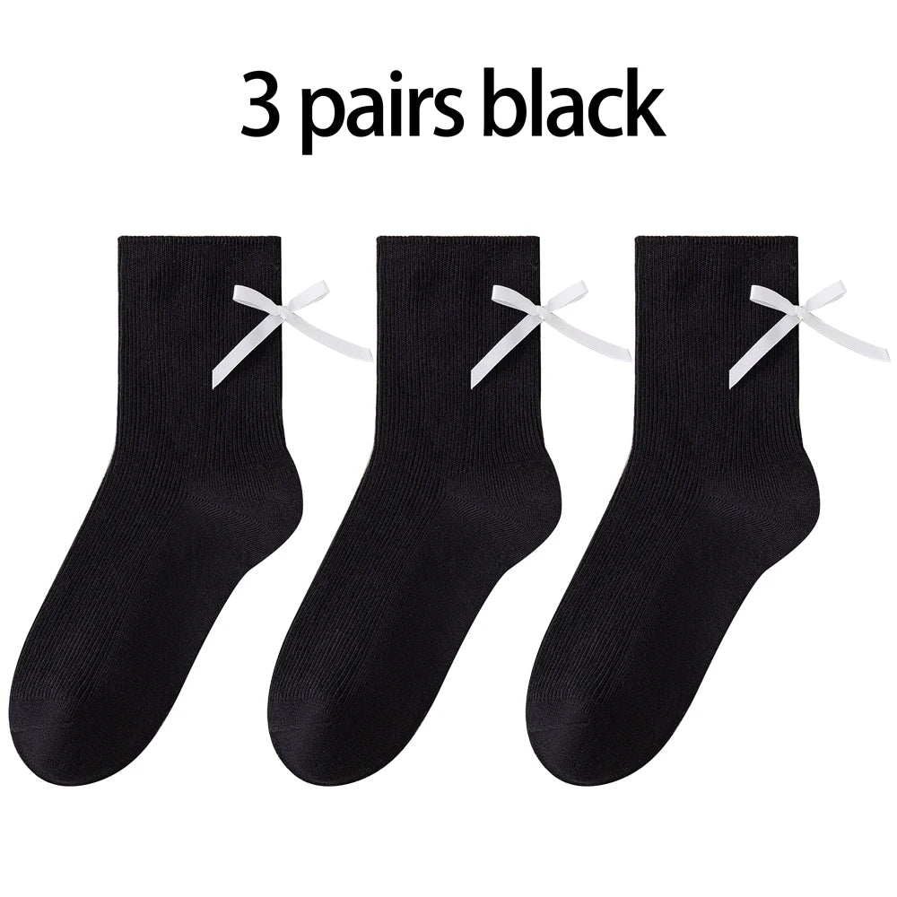 3 Pairs Black White Ballet Bow Crew Breathable Socks