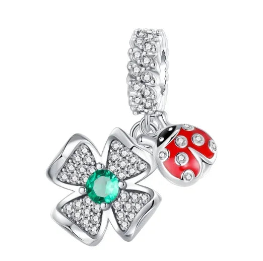 Lucky Four Leaf Clover Dangle Charm Sterling Silver Family Tree Flower Bead Pendant for Bracelets and Necklaces