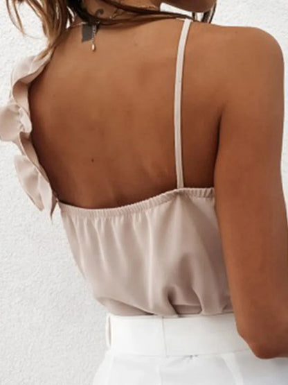 Women's Summer V Neck Ruffle Blouse Sleeveless Office Wear
