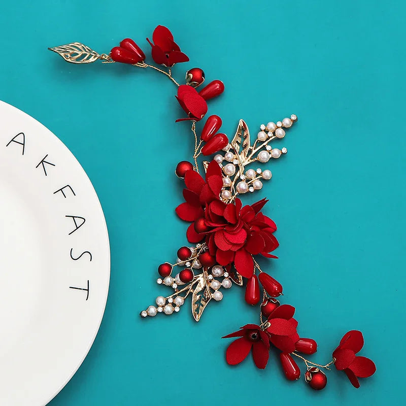 Vintage Chinese Wedding Red Hairpins Bridal Flower Crystal Headpiece for Women