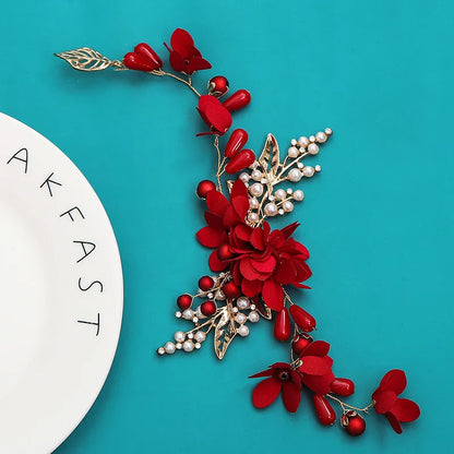 Vintage Chinese Wedding Red Hairpins Bridal Flower Crystal Headpiece for Women