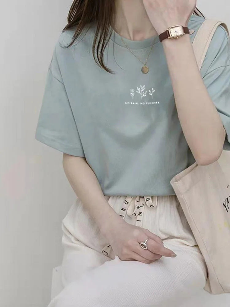 Korean Round Neck Summer Tee Women Loose Plant Print