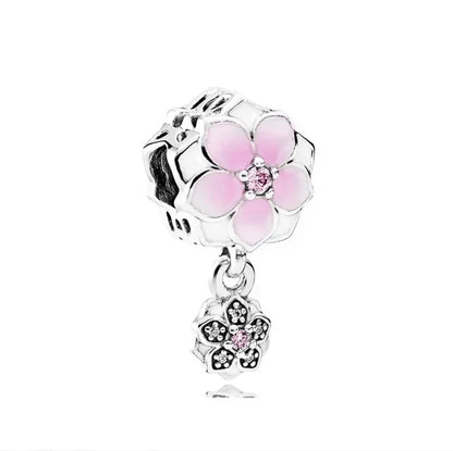Sterling Silver Pink Blossom Dangle Charm with Butterfly Heart Flower Rose and Bird Bead for DIY Necklace and Bracelet Jewelry