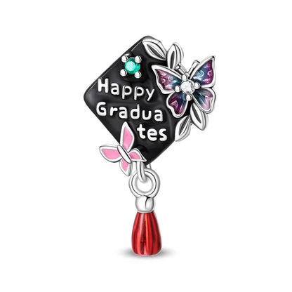 925 Sterling Silver Graduation Mortarboard Charm with Zircon Beads for DIY Bracelet Fine Jewelry Gift