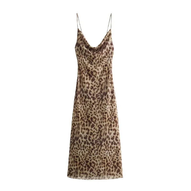 TRAF Leopard Print Long Dress Women Tulle Backless Slip Dress leopard print