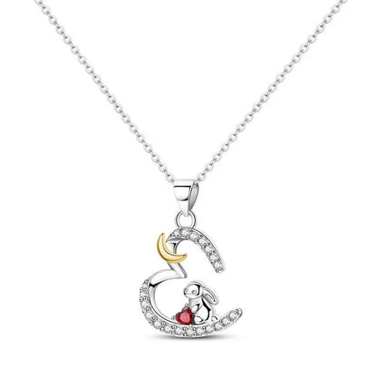 925 Sterling Silver Necklace with Pink Bow Heart Moon Butterfly Pendant Elegant Zircon Charm for Women Classic DIY Gift