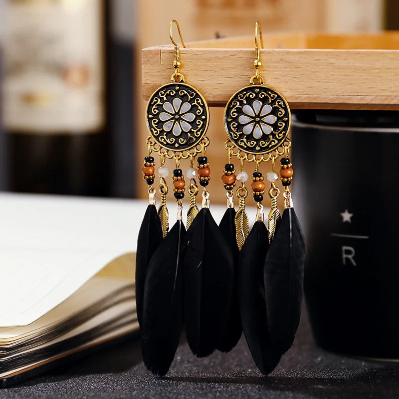 Bohemian Long Feather Drop Earrings with Tassel Beads and Enamel Flowers for Women