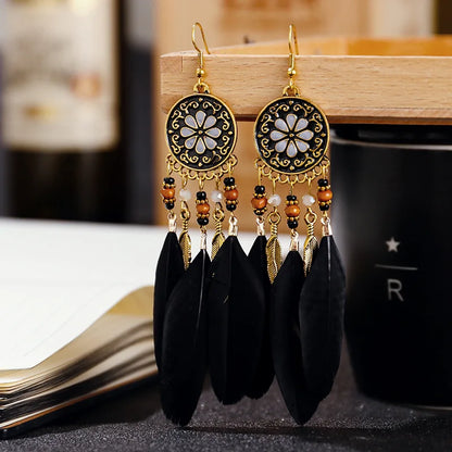 Bohemian Long Feather Drop Earrings with Tassel Beads and Enamel Flowers for Women