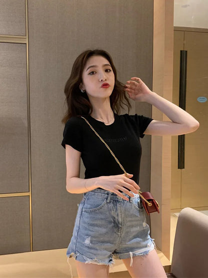 Dozw Cotton Embroidered Womens Slim Short Sleeve T Shirt