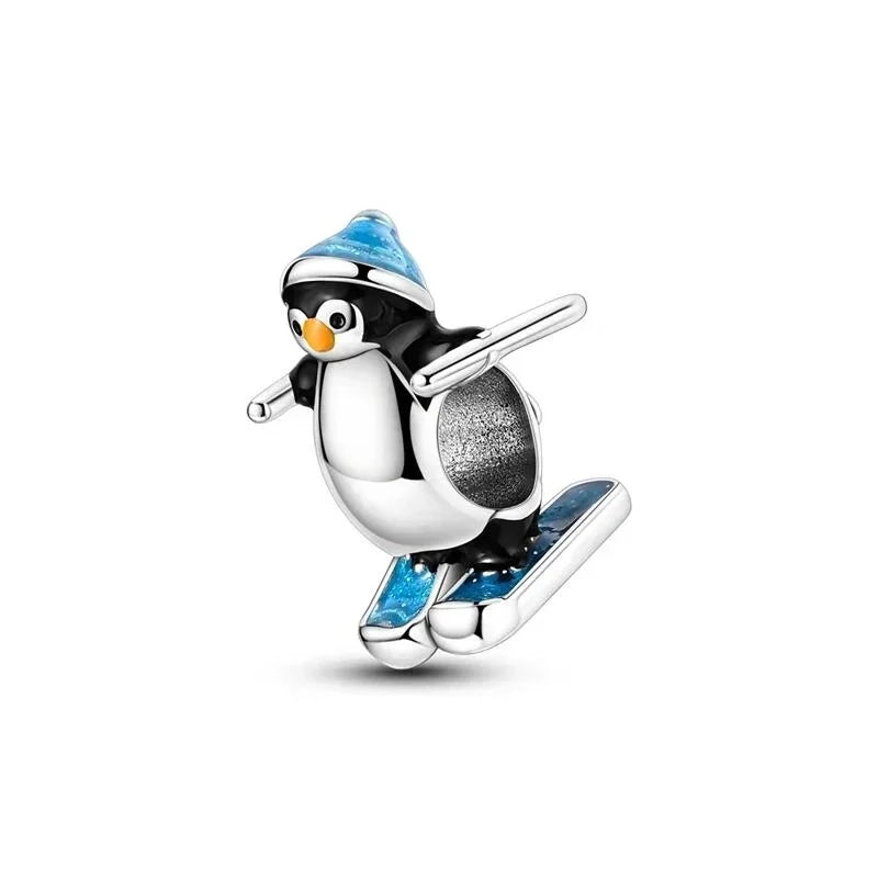 Sterling Silver 925 Skiing Penguin Charm with Geometric Snowflake Beads for Bracelets and Necklaces DIY Jewelry Gift