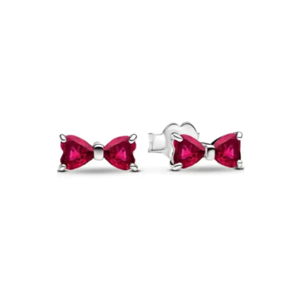 Heart Series Red Heart Bow Snowflake Stud Earrings in 925 Sterling Silver for Women Fashion
