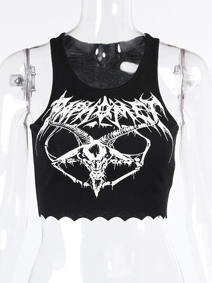 Gothic Punk Black Goat Print Crop Tank Top Harajuku