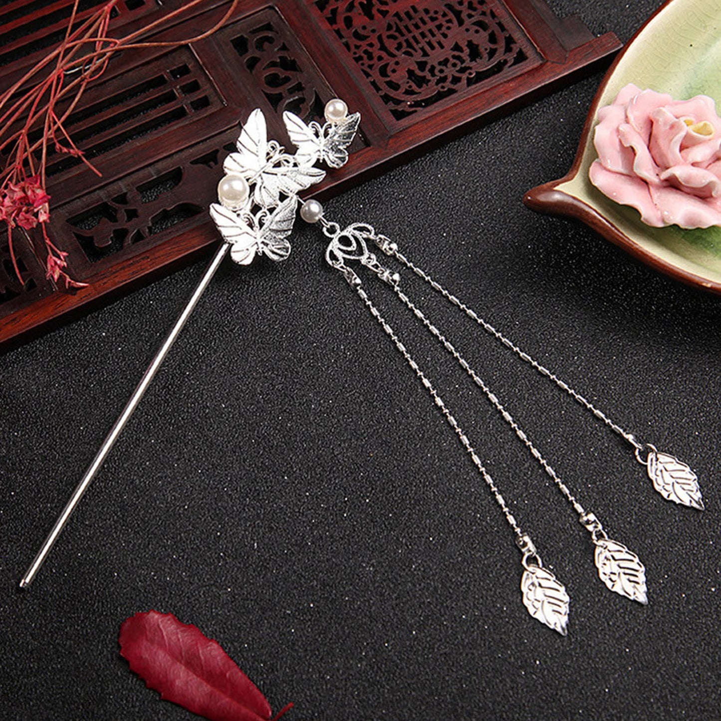 Elegant Gold Red Floral Pearl Long Tassel Hairpins Bridal Chinese Wedding Headpiece