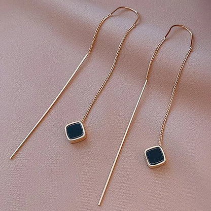 Stylish Gold Geometric Square Drop Earrings Long Tassel Dangle for Women