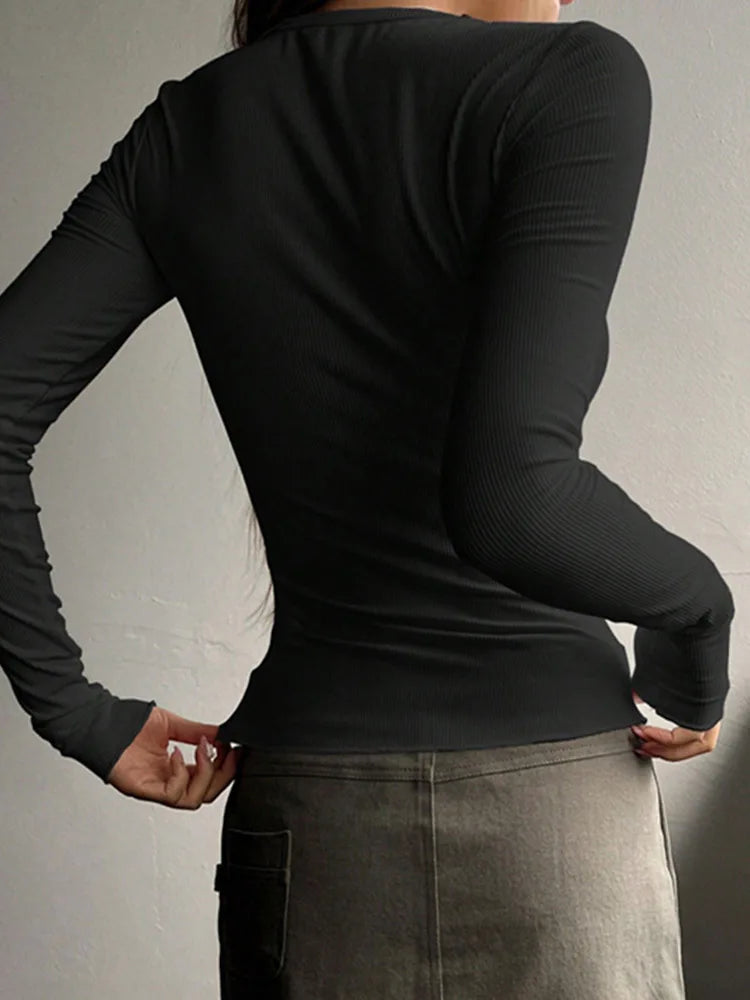 O Neck Button Long Sleeve Slim Fit Pullover Blouse